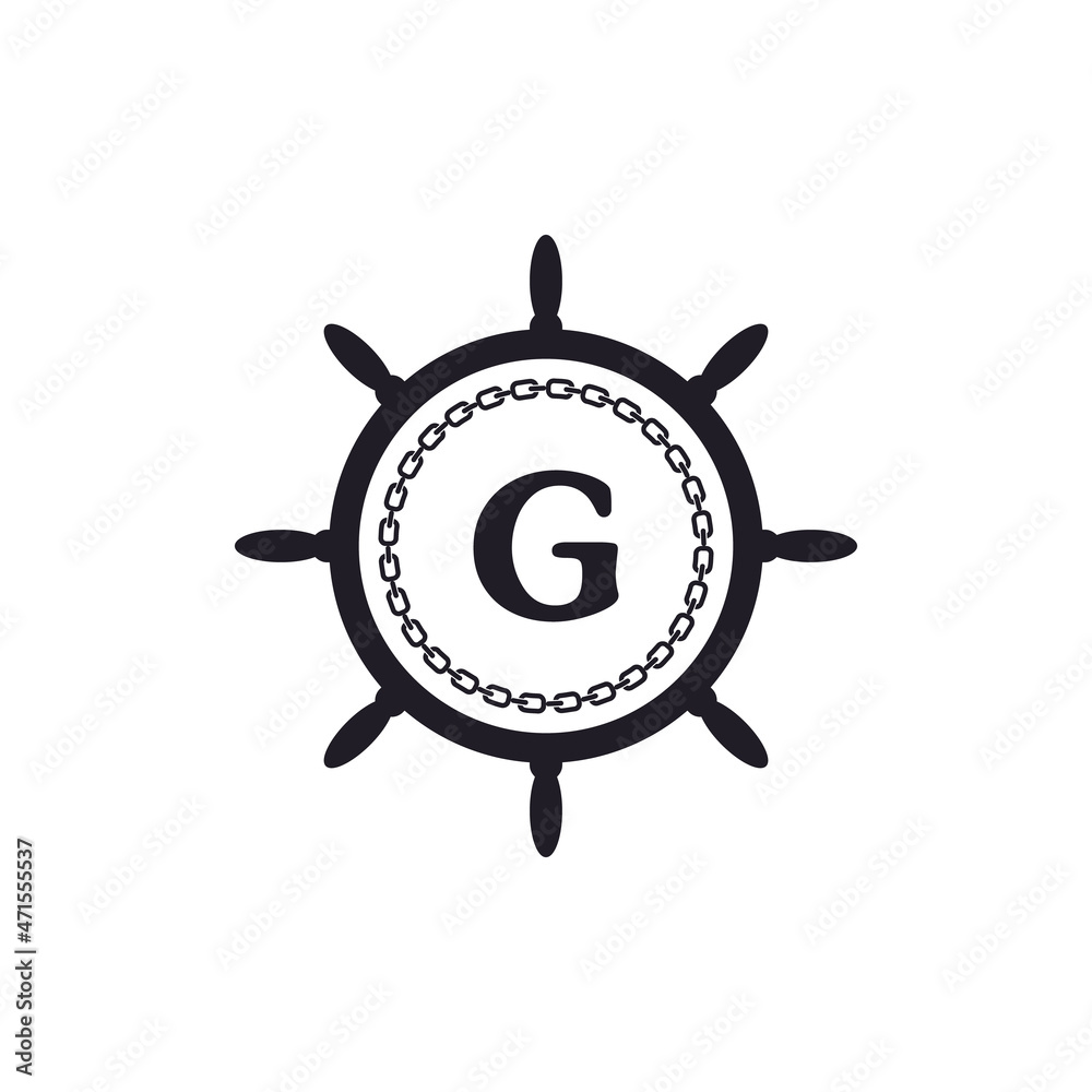 Letter G Inside Ship Steering Wheel and Circular Chain Icon for Nautical Logo Inspiration