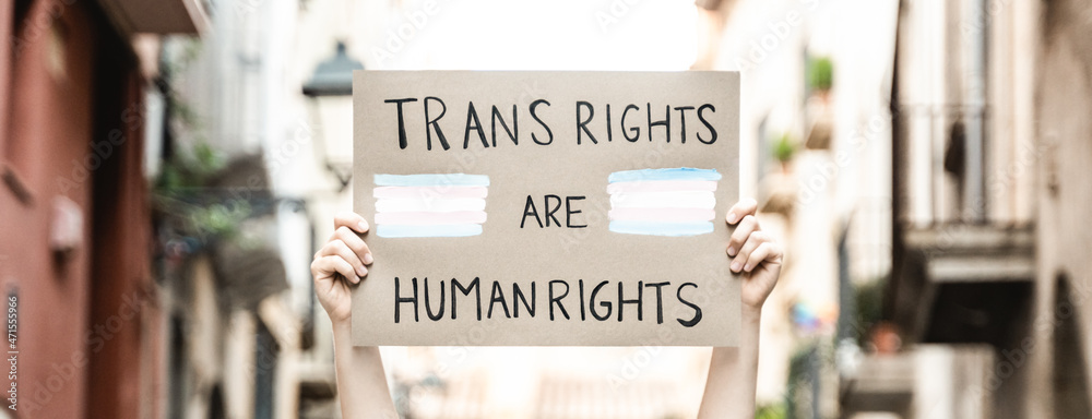 Trans people at gay pride protest holding transgender flag banner - Lgbt celebration event concept - obrazy, fototapety, plakaty 