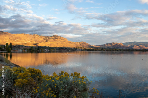 Osoyoos Lake as the sun sets on the mountains