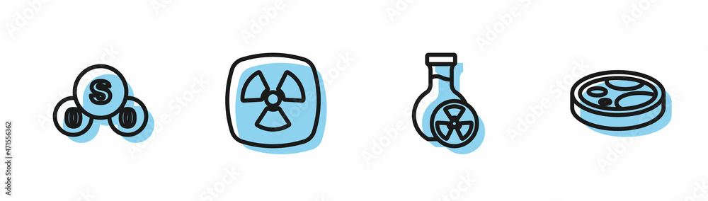 Set line Test tube with toxic liquid, Sulfur dioxide SO2, Radioactive and Petri dish bacteria icon. Vector Set line Test tube with toxic liquid, Sulfur dioxide SO2, Radioactive and Petri dish bacteria icon. Vector