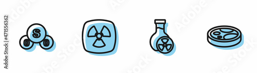 Set line Test tube with toxic liquid, Sulfur dioxide SO2, Radioactive and Petri dish bacteria icon. Vector