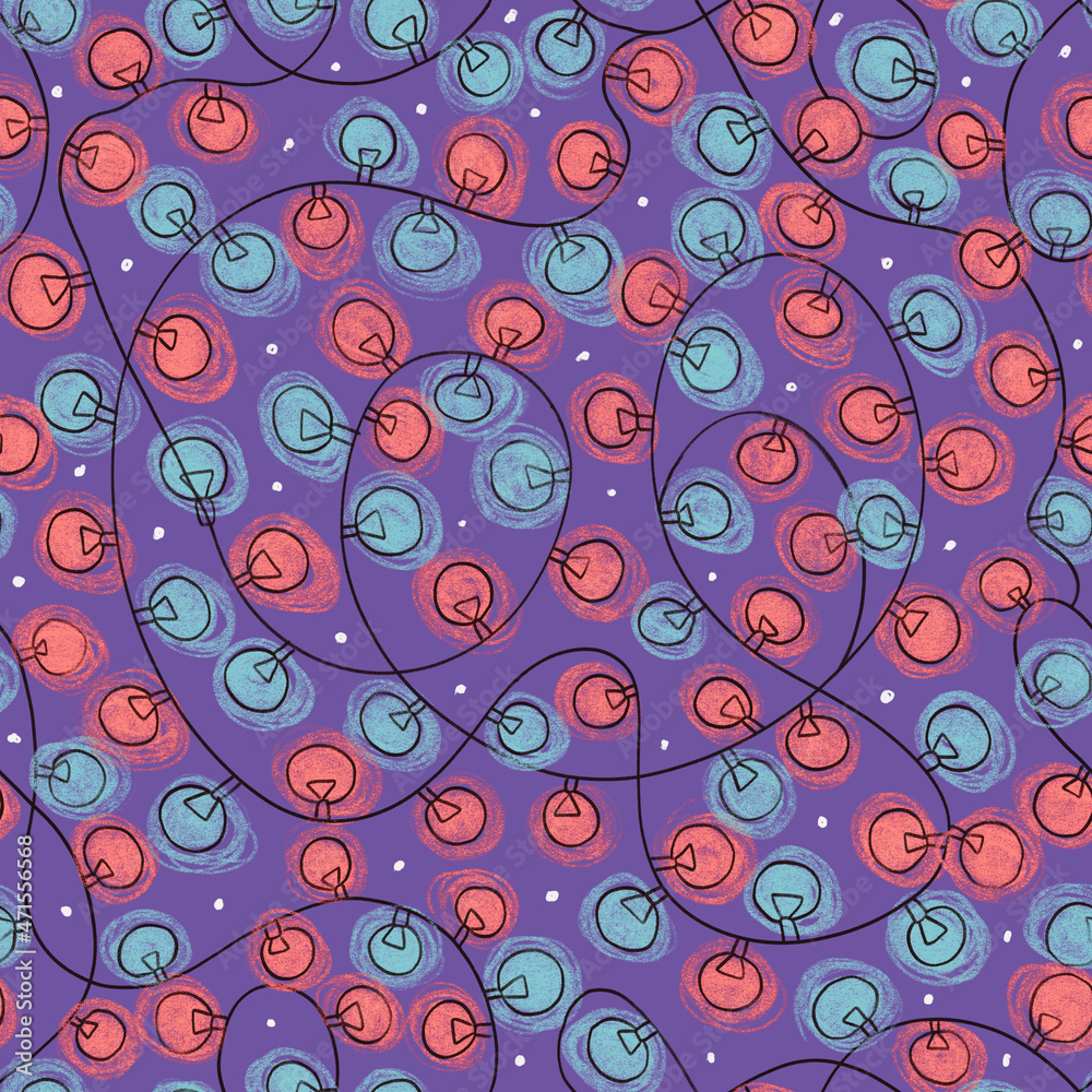 Winter Seamless pattern with cozy string lights garland in red and blue colors on dark purple background. Festive Christmas seasonal illumination for wrapping paper, decor design. Raster image. Winter Seamless pattern with cozy string lights garland in red and blue colors on dark purple background. Festive Christmas seasonal illumination for wrapping paper, decor design. Raster image.
