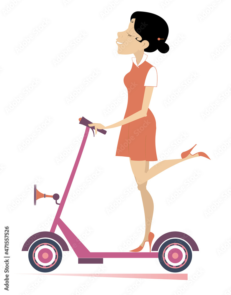 Cheerful woman rides on scooter illustration.
Smiling young woman rides on an ecologically clean urban vehicle isolated on white background
Cheerful woman rides on scooter illustration.
Smiling young woman rides on an ecologically clean urban vehicle isolated on white background