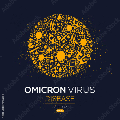 Omicron virus, new COVID-19 variant, Banner Word with Icons, Vector illustration.