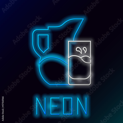 Glowing neon line Milk jug or pitcher and glass icon isolated on black background. Colorful outline concept. Vector