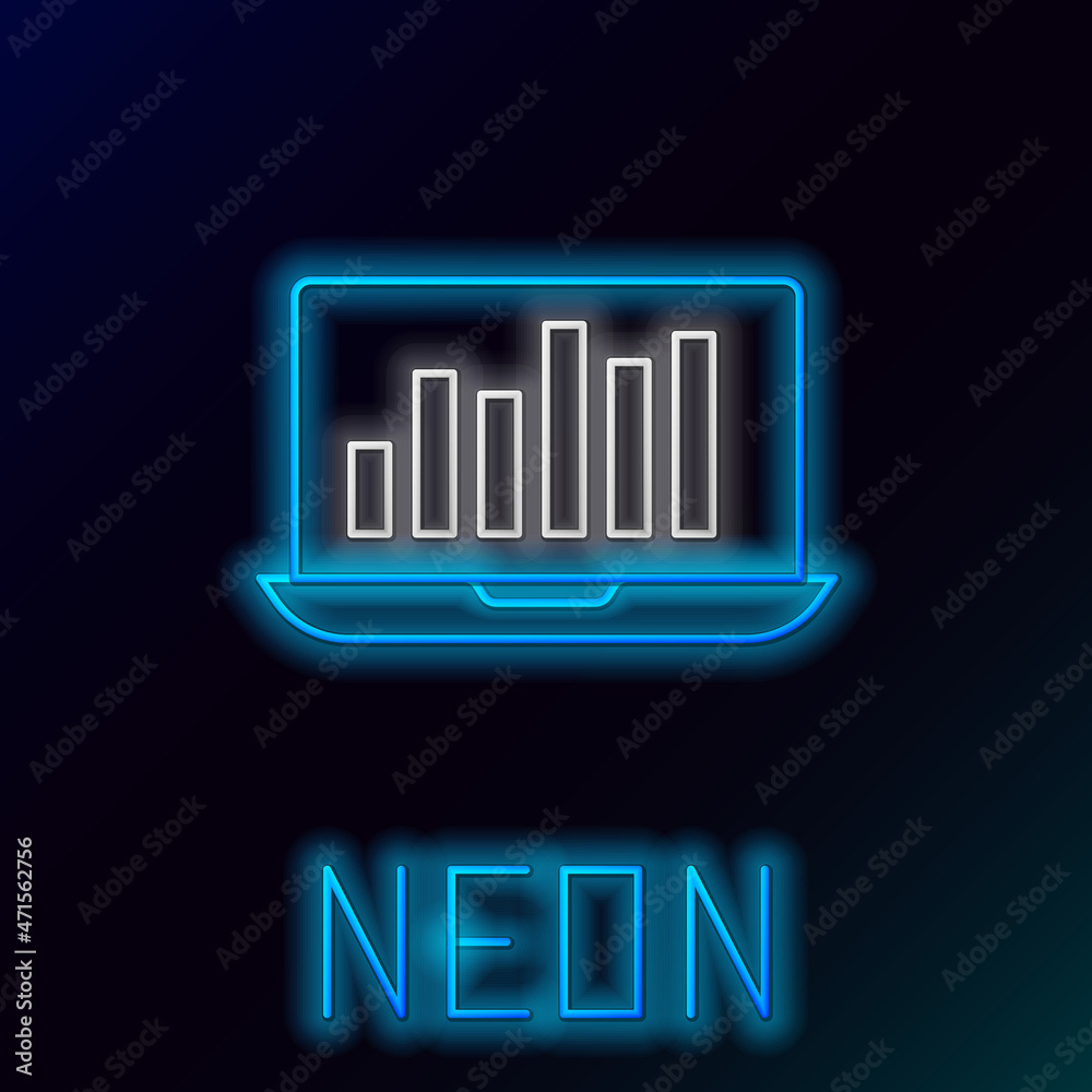 Glowing neon line Laptop with graph chart icon isolated on black background. Report text file icon. Accounting sign. Audit, analysis, planning. Colorful outline concept. Vector Glowing neon line Laptop with graph chart icon isolated on black background. Report text file icon. Accounting sign. Audit, analysis, planning. Colorful outline concept. Vector