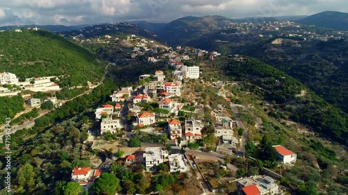 Aerial view of the lebanese village in autumn season. Flying over the village