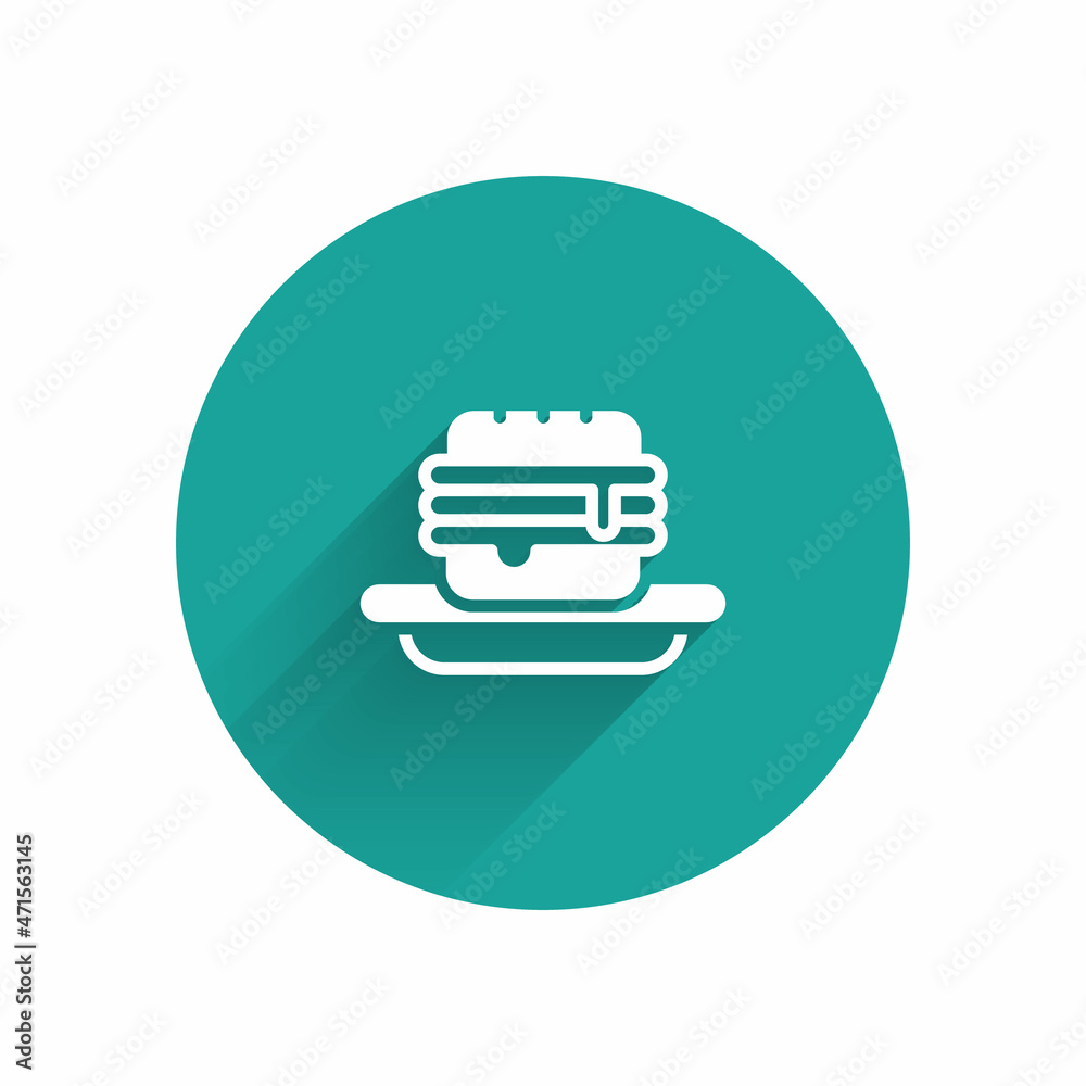 White Junk food icon isolated with long shadow. Prohibited hot dog. No Fast food sign. Green circle button. Vector White Junk food icon isolated with long shadow. Prohibited hot dog. No Fast food sign. Green circle button. Vector