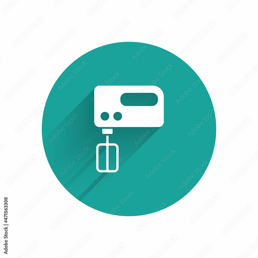 White Electric mixer icon isolated with long shadow. Kitchen blender. Green circle button. Vector