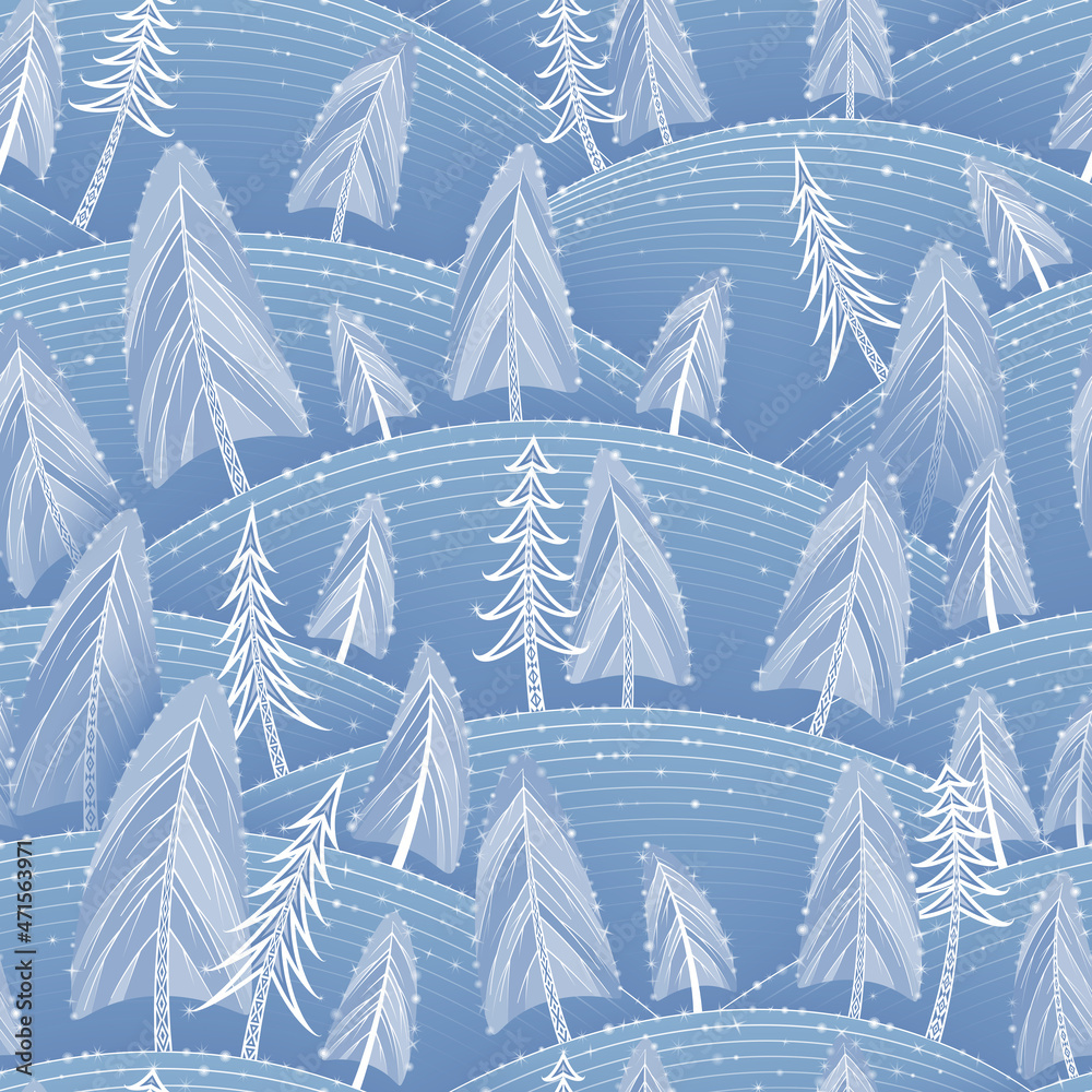 Obraz premium Vector seamless pattern with decorative Christmas trees, snow forest and snowflakes. New year design for textile, wrapping paper and other surface.