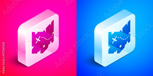 Isometric Pirate treasure map icon isolated on pink and blue background. Silver square button. Vector