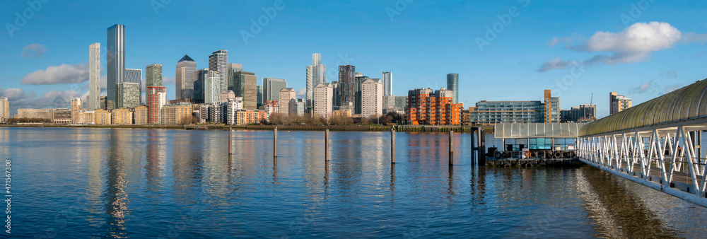 UK, England, London, canary wharf cityscape panorama