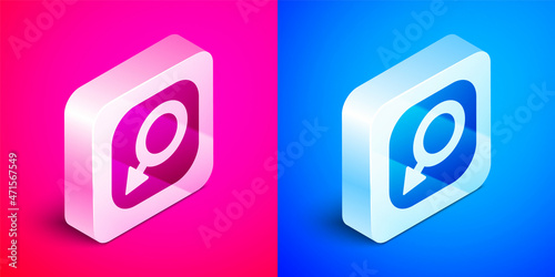 Isometric Male gender symbol icon isolated on pink and blue background. Silver square button. Vector