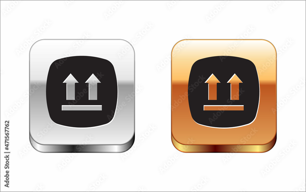 Black This side up icon isolated on white background. Two arrows indicating top side of packaging. Cargo handled. Silver and gold square buttons. Vector Black This side up icon isolated on white background. Two arrows indicating top side of packaging. Cargo handled. Silver and gold square buttons. Vector