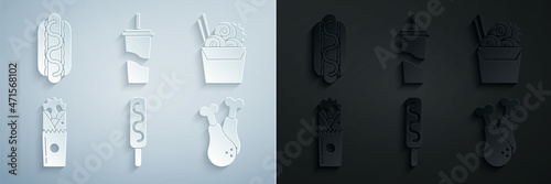 Set Ice cream, Asian noodles in paper box and chopsticks, Doner kebab, Chicken leg, Paper glass with drinking straw water and Hotdog sandwich mustard icon. Vector