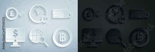 Set Magnifying glass with globe, Envelope coin dollar symbol, Computer monitor, Cryptocurrency Bitcoin, Clock 24 hours and Coin money pound sterling icon. Vector