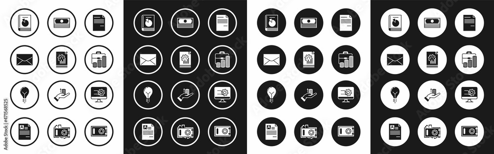 Set Document, with graph chart, Envelope, User manual, Briefcase and coin, Stacks paper money cash, Computer monitor and Light bulb concept of idea icon. Vector