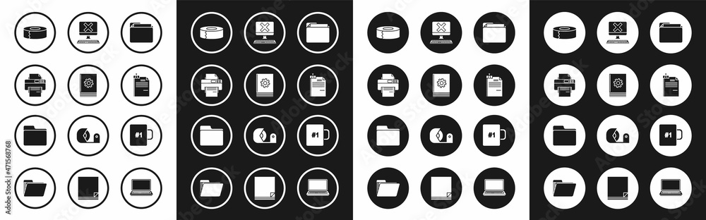 Set Document folder, User manual, Printer, Scotch, File document and binder clip, Computer with keyboard x mark, Coffee cup and icon. Vector Set Document folder, User manual, Printer, Scotch, File document and binder clip, Computer with keyboard x mark, Coffee cup and icon. Vector
