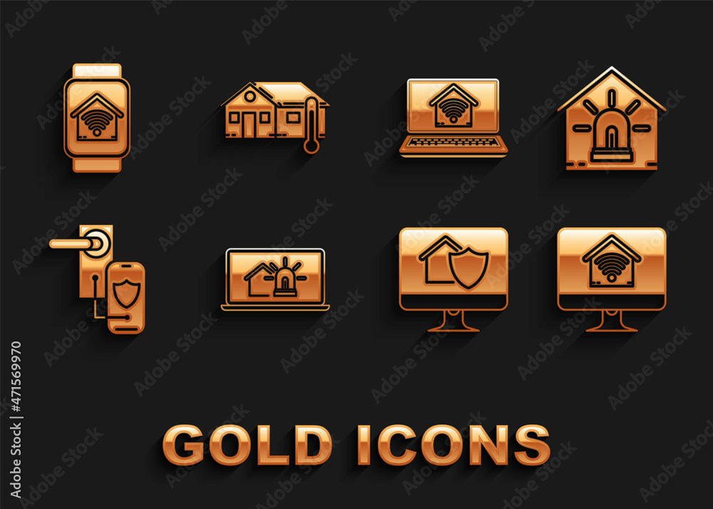 Set Laptop with smart house and alarm, Smart, Computer monitor home wi-fi, under protection, Digital door lock wireless technology for lock, watch and House temperature icon. Vector Set Laptop with smart house and alarm, Smart, Computer monitor home wi-fi, under protection, Digital door lock wireless technology for lock, watch and House temperature icon. Vector