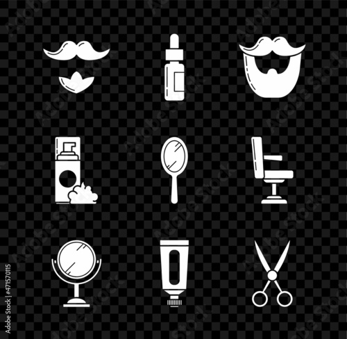 Set Mustache and beard, Glass bottle with pipette, Hand mirror, Cream lotion cosmetic tube, Scissors hairdresser, Shaving gel foam and icon. Vector