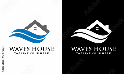 water ripple sea wave river house logo vector icon illustration, on a black and white background.