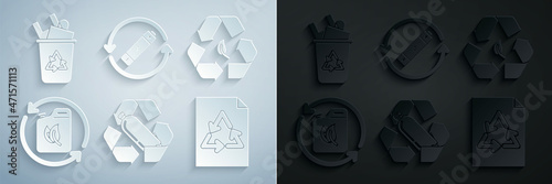 Set Recycling plastic bottle, Recycle symbol and leaf, Bio fuel canister, Paper with recycle, Battery line and bin icon. Vector
