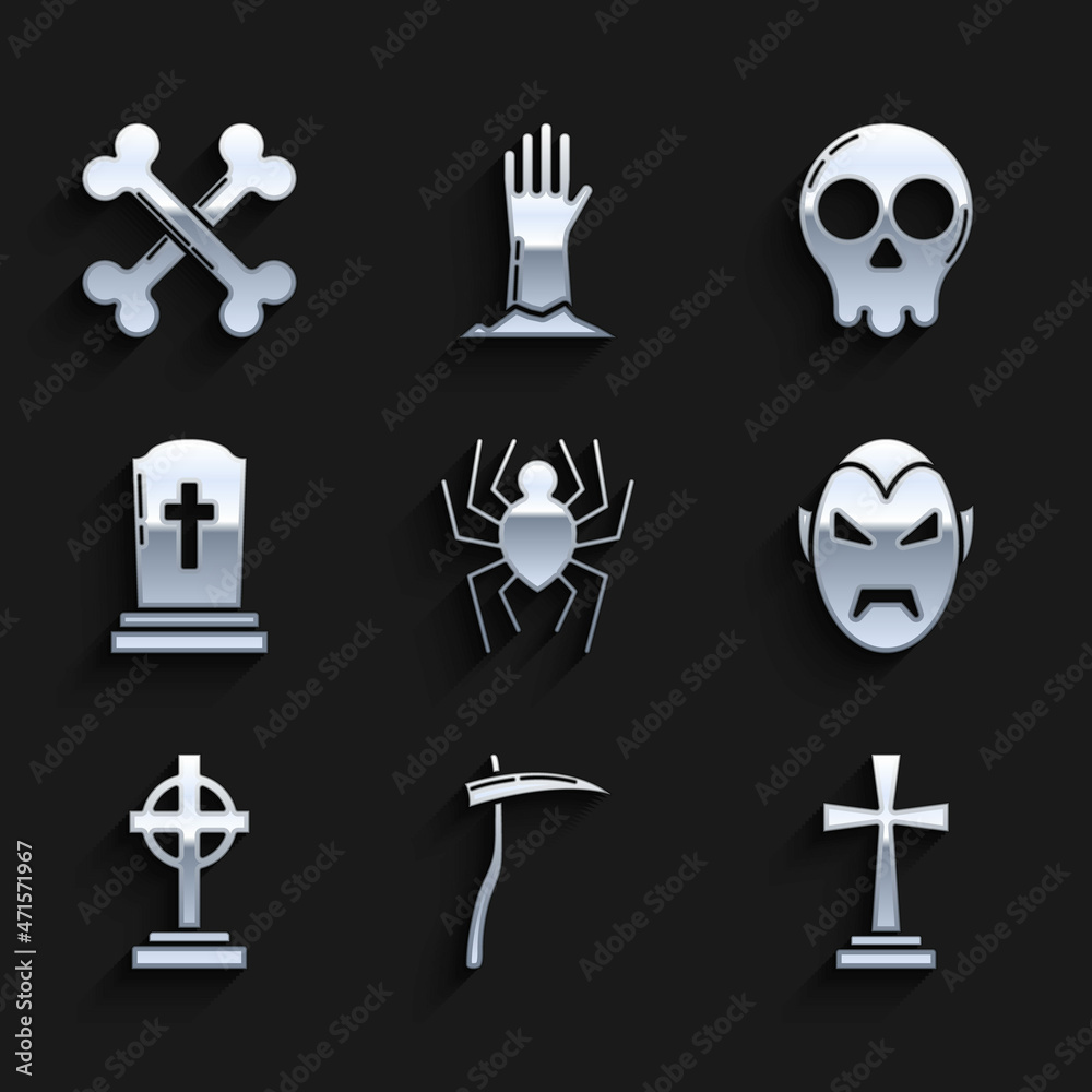 Set Spider, Scythe, Tombstone with cross, Vampire, Skull and Crossed bones icon. Vector Set Spider, Scythe, Tombstone with cross, Vampire, Skull and Crossed bones icon. Vector