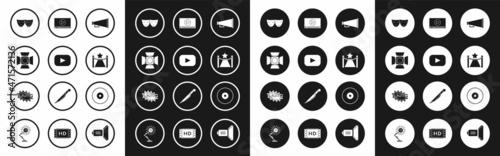 Set Megaphone, Play, Movie spotlight, Comedy and tragedy theatrical masks, Carpet with barriers star, Online play video, CD or DVD disk and Bang boom text speech bubble balloon icon. Vector