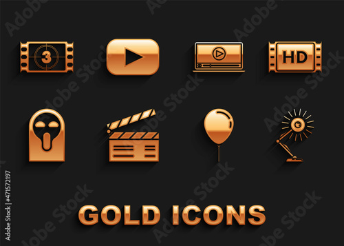 Set Movie clapper, 4k movie, tape, frame, Table lamp, Balloon with ribbon, Funny and scary ghost mask, Online play video, Play Video and icon. Vector