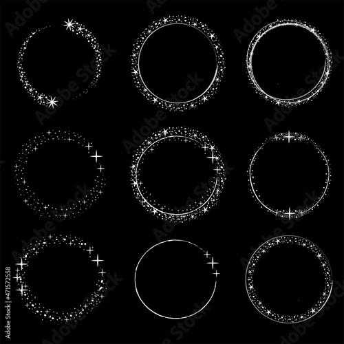 Sparkle star circle frame set. Wreath ring stardust border for party, birthday decor design.Christmas and New Year frame with, cosmic glitter shine. Isolated black flat vector illustration.