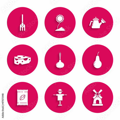 Set Onion, Scarecrow, Windmill, Pear, A pack full of seeds of specific plant, Cheese, Watering can and Garden rake icon. Vector