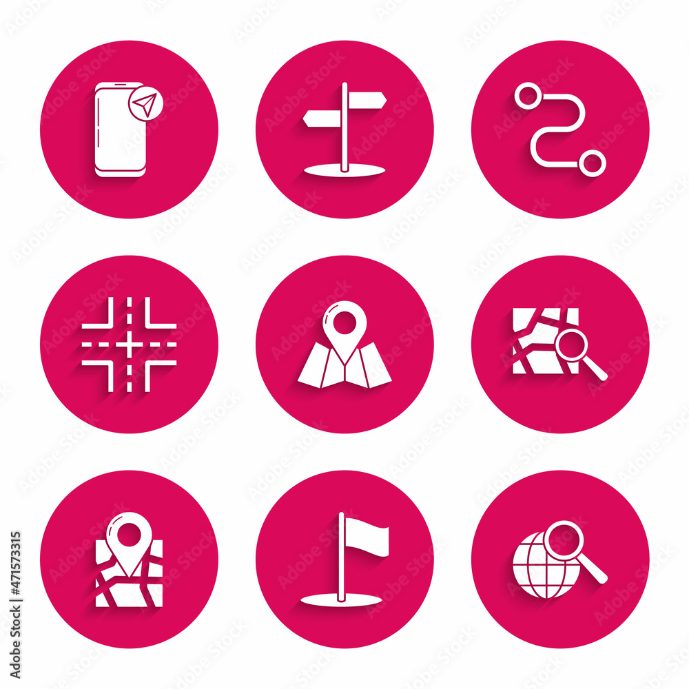 Set Folded map with location marker, Flag, Magnifying glass globe, Road traffic sign, Route and Infographic of city navigation icon. Vector