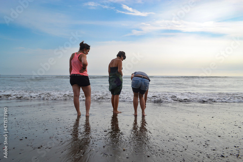 women look for stones, shells, emerita analoga, on the shore of a beach at sunset.