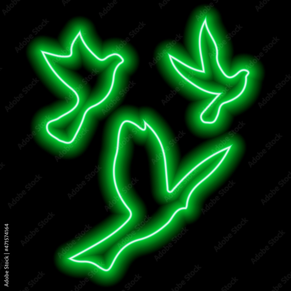 Green neon silhouettes of three birds flying in the sky on black. Freedom, flight, upward movement