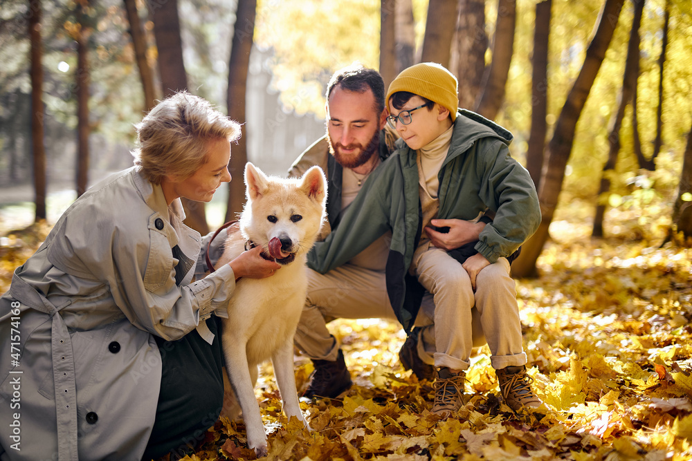 Adorable caucasian family with pet dog relax while walking in park, on autumn season, beautiful female, handsome guy and cute child boy with pet have fun, rejoicing, experiencing positive emotions Adorable caucasian family with pet dog relax while walking in park, on autumn season, beautiful female, handsome guy and cute child boy with pet have fun, rejoicing, experiencing positive emotions