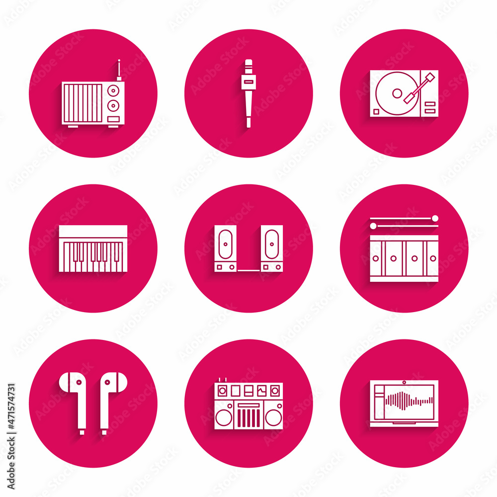 Set Stereo speaker, Sound audio recorder on laptop, Drum with drum sticks, Air headphones, Music synthesizer, Vinyl player vinyl disk and Radio antenna icon. Vector Set Stereo speaker, Sound audio recorder on laptop, Drum with drum sticks, Air headphones, Music synthesizer, Vinyl player vinyl disk and Radio antenna icon. Vector