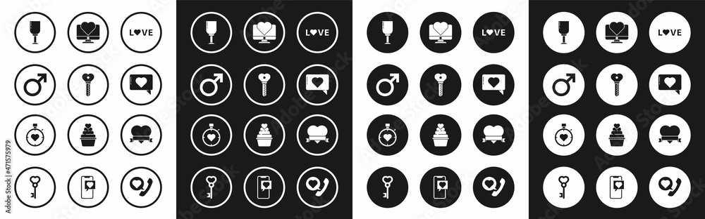 Set Love text, Key in heart shape, Male gender symbol, Wine glass, Like and, Computer monitor with, Heart ribbon and the center stopwatch icon. Vector Set Love text, Key in heart shape, Male gender symbol, Wine glass, Like and, Computer monitor with, Heart ribbon and the center stopwatch icon. Vector