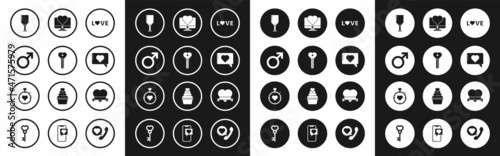 Set Love text, Key in heart shape, Male gender symbol, Wine glass, Like and, Computer monitor with, Heart ribbon and the center stopwatch icon. Vector