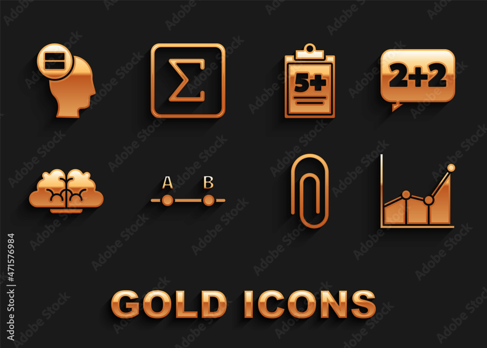 Set Graph, schedule, chart, diagram, Equation solution, Paper clip, Human brain, Test or exam sheet, Calculation and Sigma symbol icon. Vector