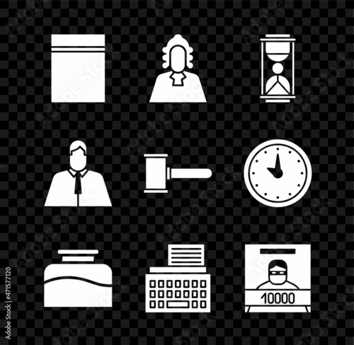 Set Plastic bag with ziplock, Judge, Old hourglass sand, Inkwell, Retro typewriter, Wanted poster, Lawyer, attorney, jurist and gavel icon. Vector