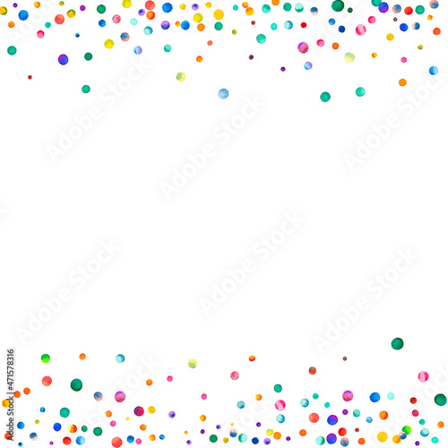 Watercolor confetti on white background. Actual rainbow colored dots. Happy celebration square colorful bright card. Alive hand painted confetti.