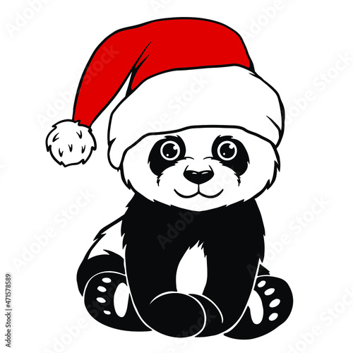 Cute panda wearing santa claus hat. Little christmas panda sitting. Clipart vector illustration
