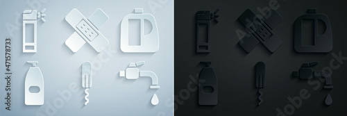 Set Sanitary tampon, Bottles for cleaning agent, of liquid antibacterial soap, Water tap, Crossed bandage plaster and with nozzle spray icon. Vector
