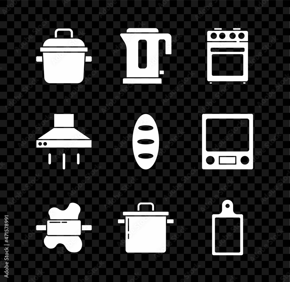 Set Cooking pot, Electric kettle, Oven, Rolling pin on dough, Cutting board, Kitchen extractor fan and Bread loaf icon. Vector Set Cooking pot, Electric kettle, Oven, Rolling pin on dough, Cutting board, Kitchen extractor fan and Bread loaf icon. Vector