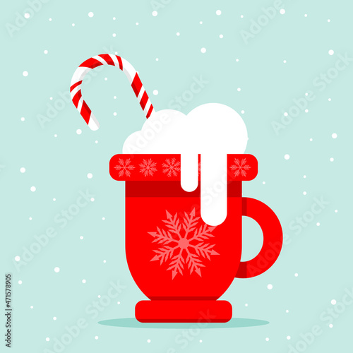Cup of coffee with white milk foam and candy cane on blue background. Flat design vector illustration and copy space for text or design