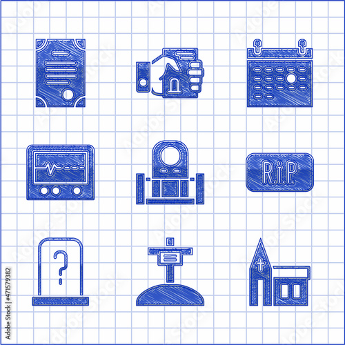 Set Grave with tombstone, cross, Church building, Speech bubble rip death, Beat dead monitor, Calendar and Death certificate icon. Vector