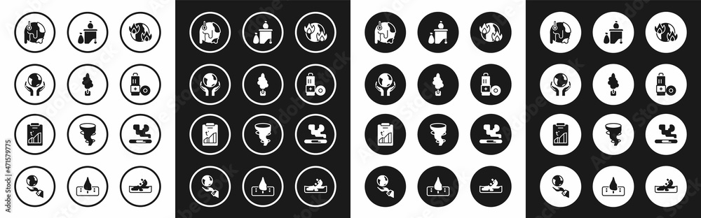 Set Global warming fire, Tree, Hands holding Earth globe, Battery, Full dustbin, Cigarette and icon. Vector Set Global warming fire, Tree, Hands holding Earth globe, Battery, Full dustbin, Cigarette and icon. Vector