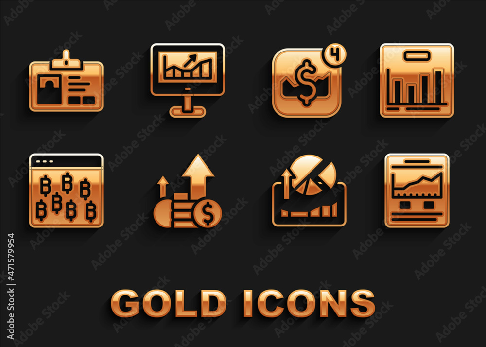 Set Financial growth and coin, Pie chart infographic, Website with, Stocks market graphs, Bitcoin browser, Mobile stock trading, Identification badge and Computer icon. Vector Set Financial growth and coin, Pie chart infographic, Website with, Stocks market graphs, Bitcoin browser, Mobile stock trading, Identification badge and Computer icon. Vector