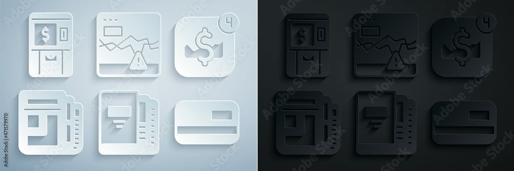 Set Office folders, Mobile stock trading, Stock market news, Credit card, Failure stocks and ATM and money icon. Vector