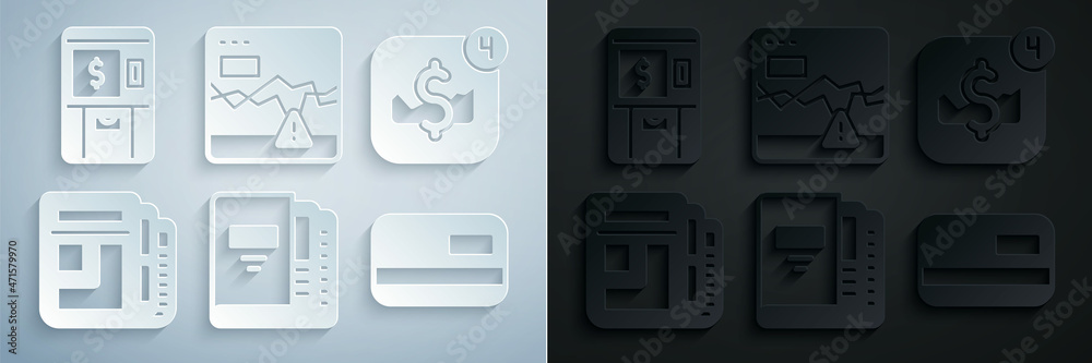 Set Office folders, Mobile stock trading, Stock market news, Credit card, Failure stocks and ATM and money icon. Vector Set Office folders, Mobile stock trading, Stock market news, Credit card, Failure stocks and ATM and money icon. Vector